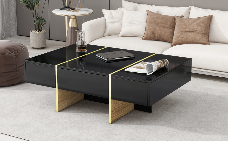 ON-TRANS 47.2 inch x 31.4 inch multifunctional rectangular sofa table with 2 drawers and gold wood grain leg center table, black - Julia M LifeStyles