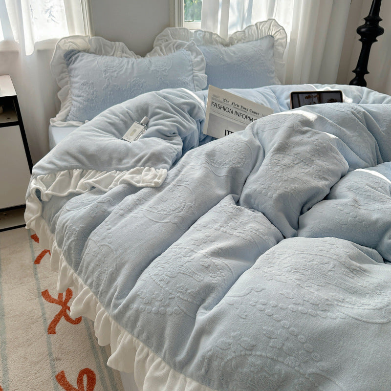 A-class ins princess style milk velvet four piece set lace carved velvet warm duvet cover winter bedding Julia M Home & Kitchen