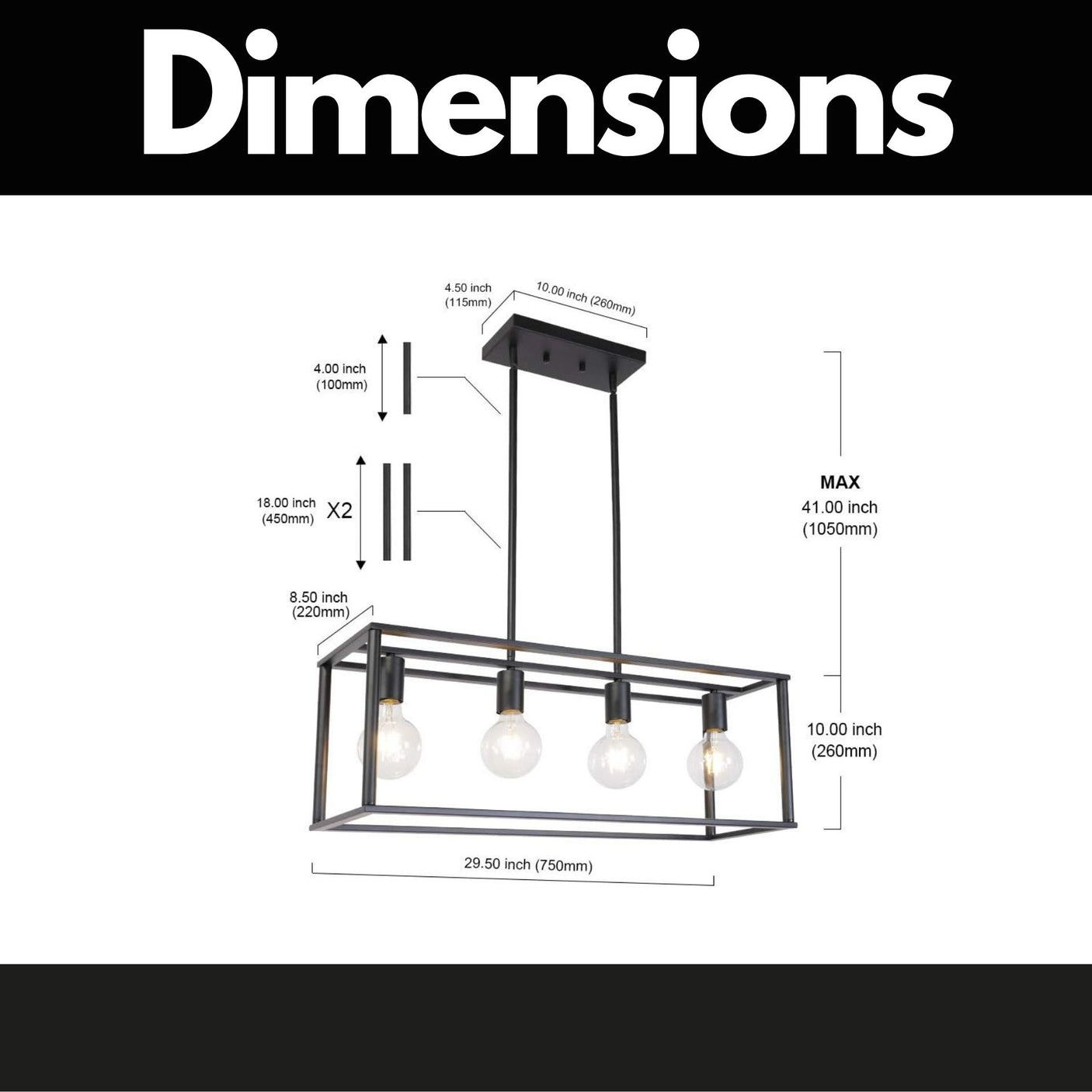 Pendant Lighting 4 Light Industrial Vintage Open Frame Rectangle Chandeliers Modern Black Linear Cage Ceiling Light Fixture - Julia M LifeStyles