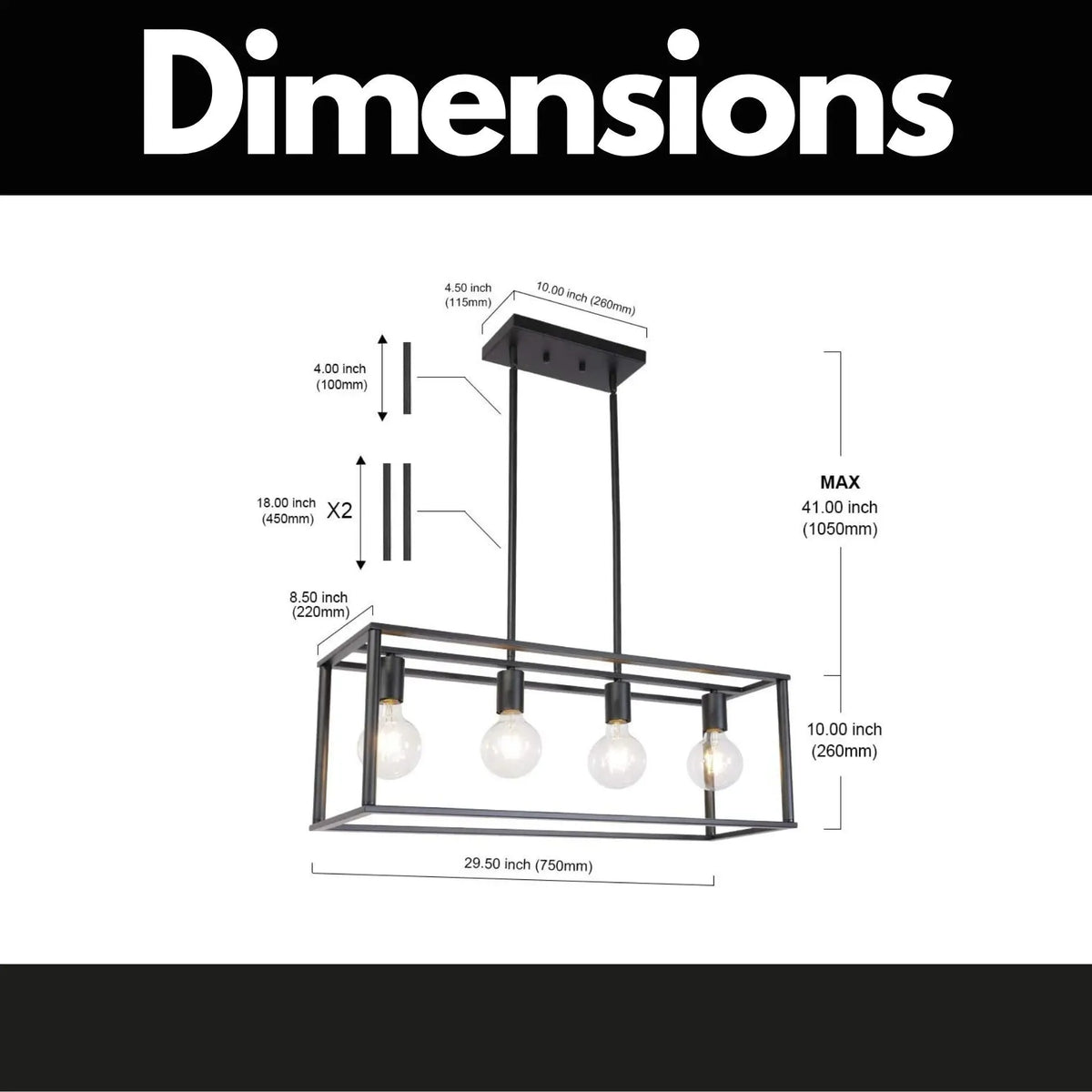 Pendant Lighting 4 Light Industrial Vintage Open Frame Rectangle Chandeliers Modern Black Linear Cage Ceiling Light Fixture - Julia M LifeStyles