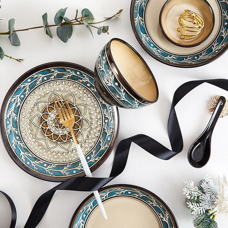 European Embossed Ceramic Tableware Set – Elegant Bowl & Plate Collection