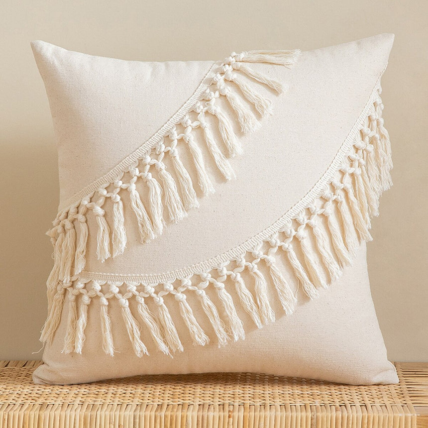 Tassels Cushion Cover 45x45cm - Beige and White Boho Decor - Julia M LifeStyles