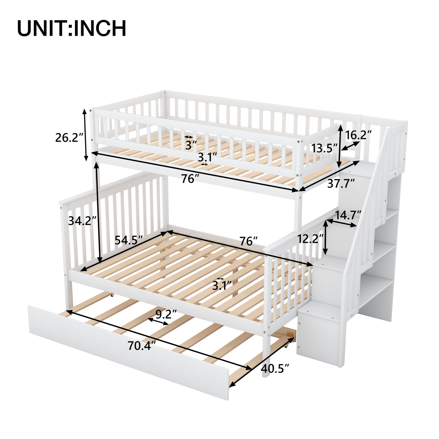 Twin over Full Bunk Bed with Trundle and Staircase White - Julia M LifeStyles