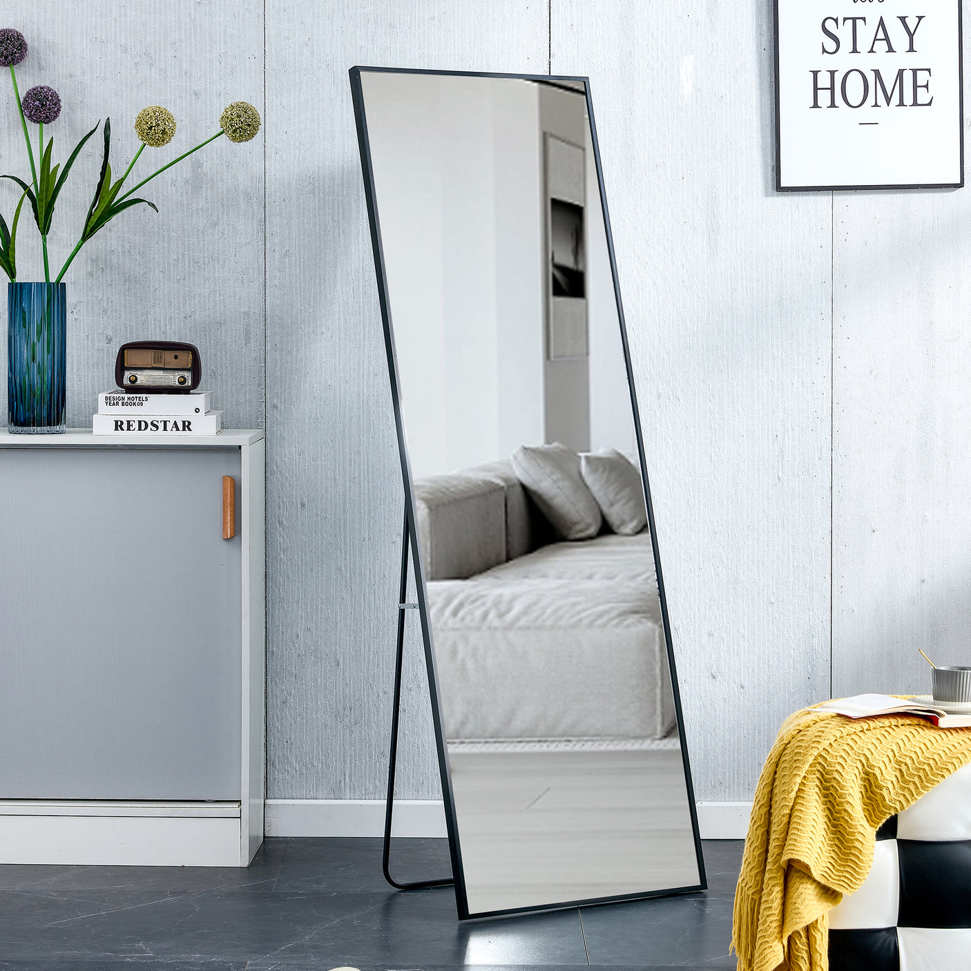 Aluminum Alloy Metal Frame Wall-Mounted Full-Length Mirror Black 65 x 23"