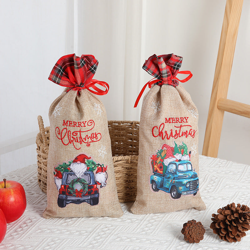 Christmas gift bag, letter printed Santa Claus home decoration, plaid linen red wine set Julia M Home & Kitchen