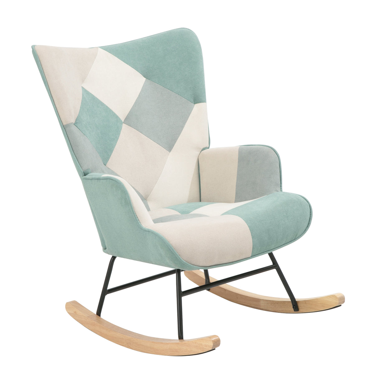 Rocking Chair with ottoman, Mid Century Fabric Rocker Chair with Wood Legs and Patchwork Linen for Livingroom Bedroom - Julia M LifeStyles