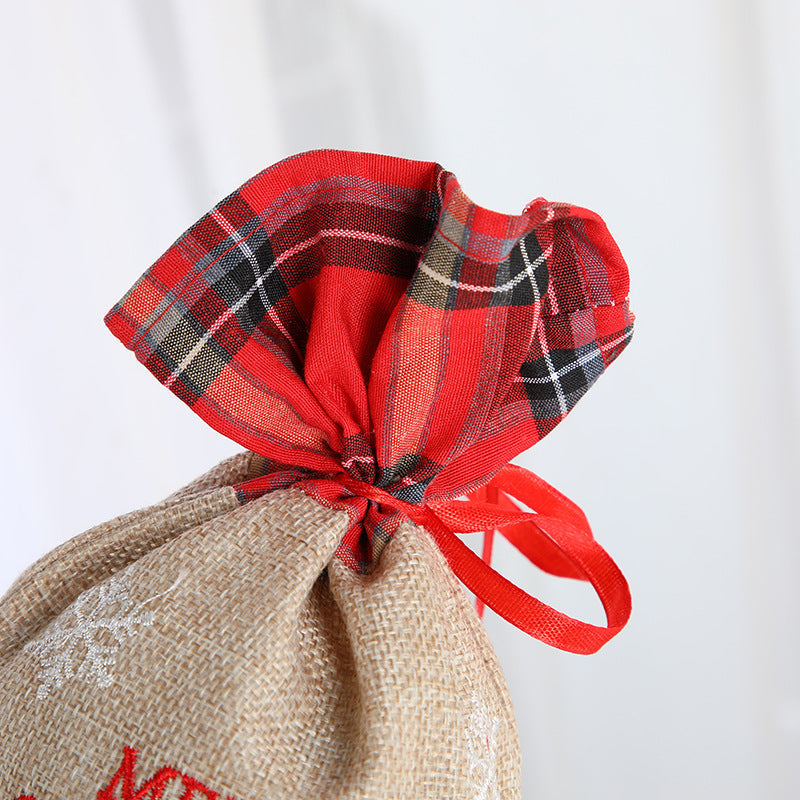 Christmas gift bag, letter printed Santa Claus home decoration, plaid linen red wine set Julia M Home & Kitchen