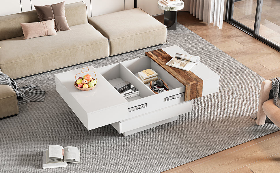 ON-TRANS 31.4 inches x 31.4 inches with sliding tabletop, high gloss center table, hidden storage room white - Julia M LifeStyles