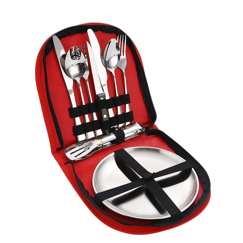 Stainless Steel Tableware Outdoor Camping Western Style Steak Knife Fork Spoon Dinner Plate Set Portable Cloth Bag Set Julia M Home & Kitchen