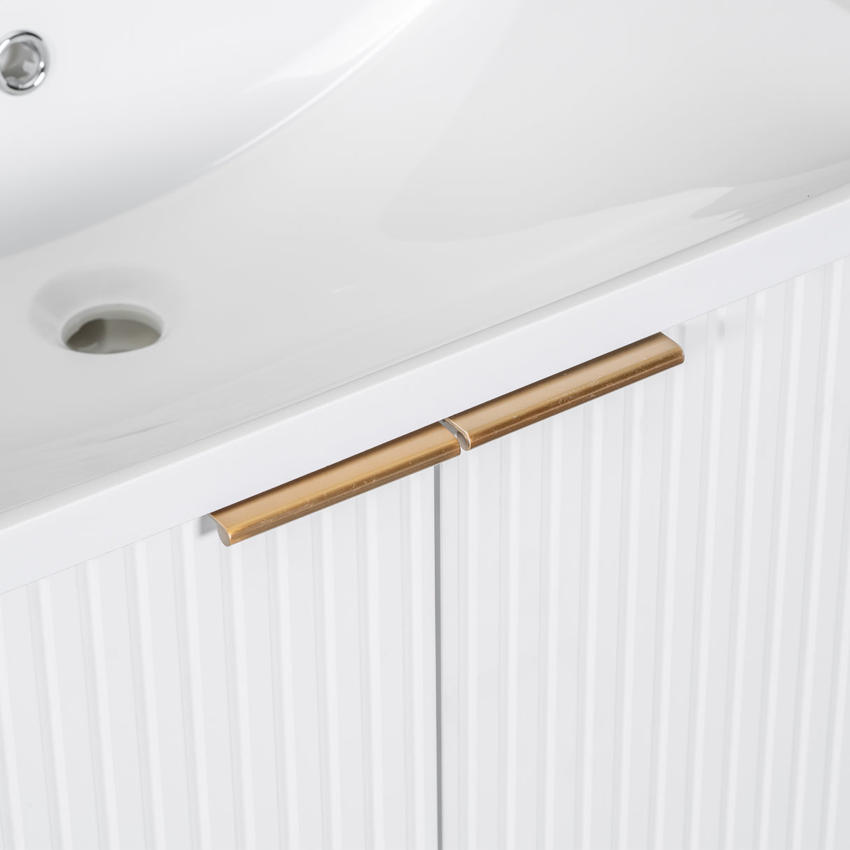 24" Bathroom Vanity with Sink, Bathroom Vanity Cabinet with Two Doors and Gold Metal Frame, Open Storage Shelf, White - Julia M LifeStyles