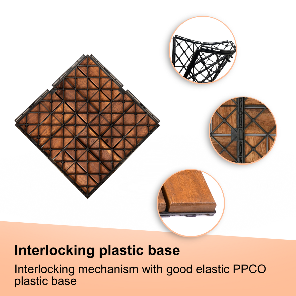 Acacia interlocking deck tile grid pattern, 10 pieces of 12 inch x 12 inch square brown Acacia hardwood outdoor flooring - Julia M LifeStyles