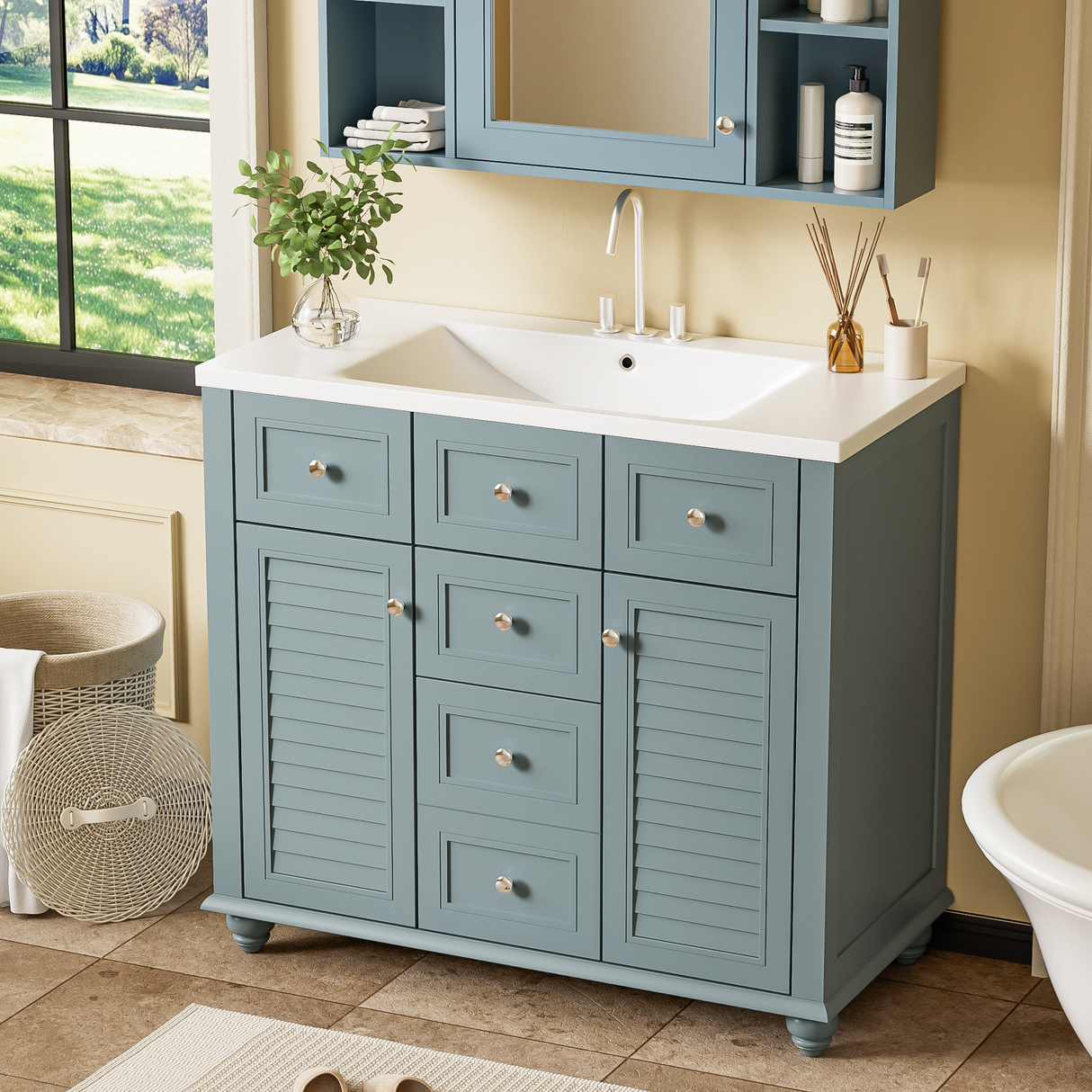 36 "bathroom makeup cabinet with resin sink combination and 2 drawers, with soft closing door, blue color eprolo