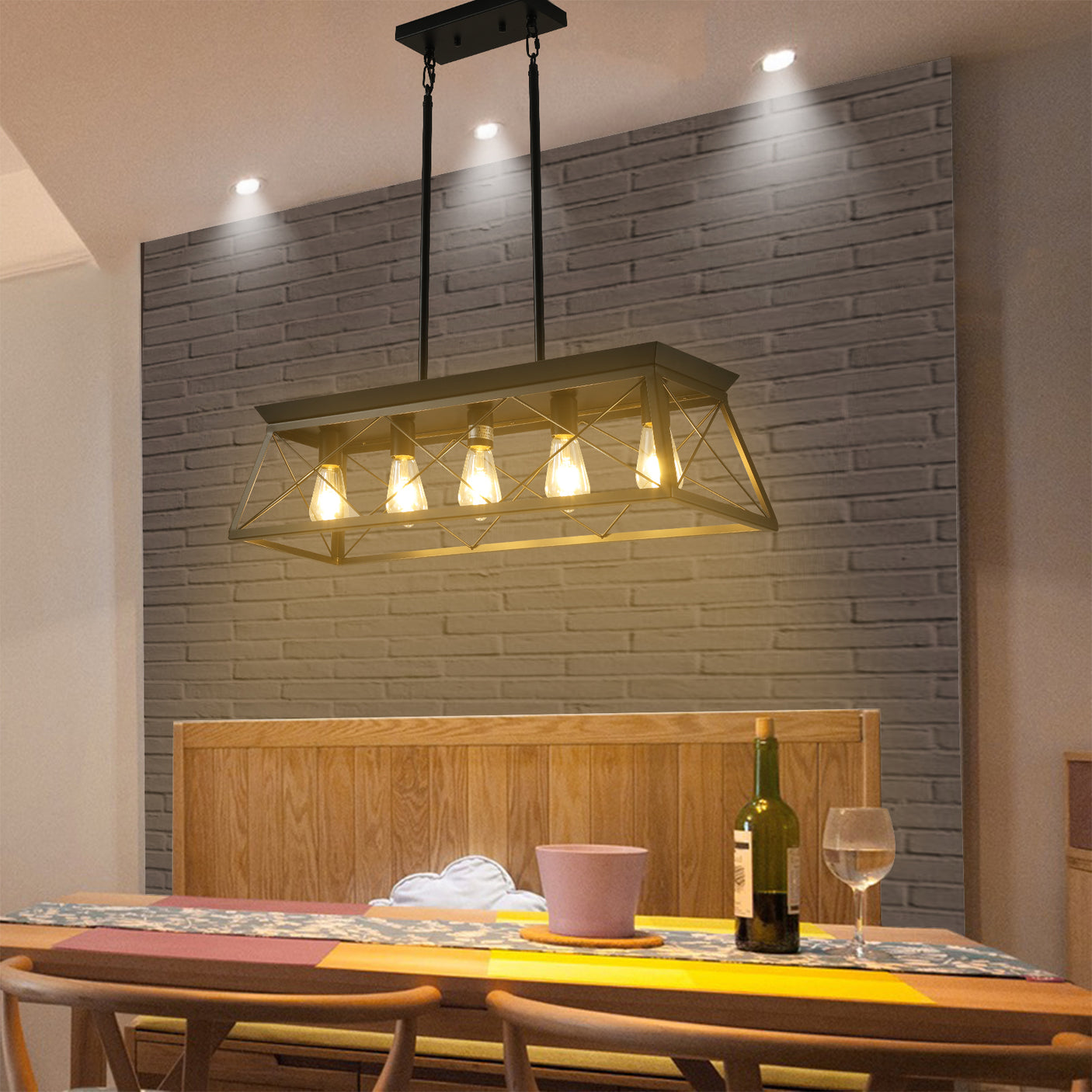 5-light farmhouse pendant light, metal pendant light island fixture, modern rectangular island light, pure black (no bulb) - Julia M LifeStyles