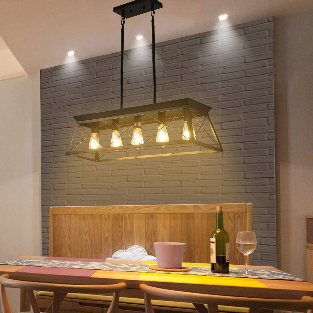 5-light farmhouse pendant light, metal pendant light island fixture, modern rectangular island light, pure black (no bulb) - Julia M LifeStyles