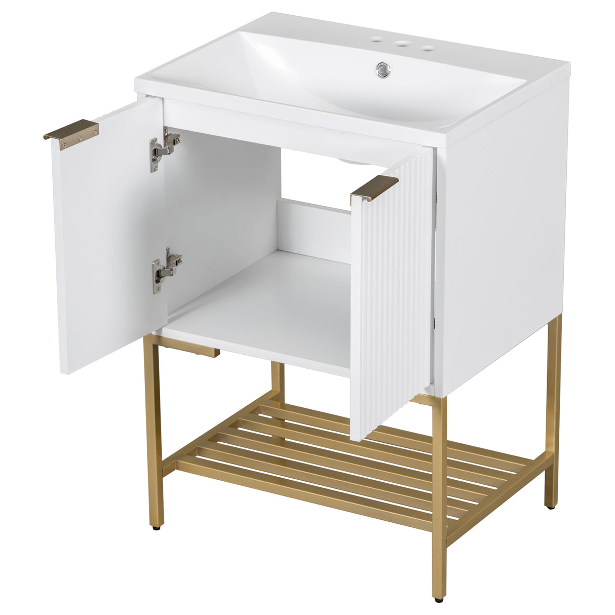 24" Bathroom Vanity with Sink, Bathroom Vanity Cabinet with Two Doors and Gold Metal Frame, Open Storage Shelf, White - Julia M LifeStyles