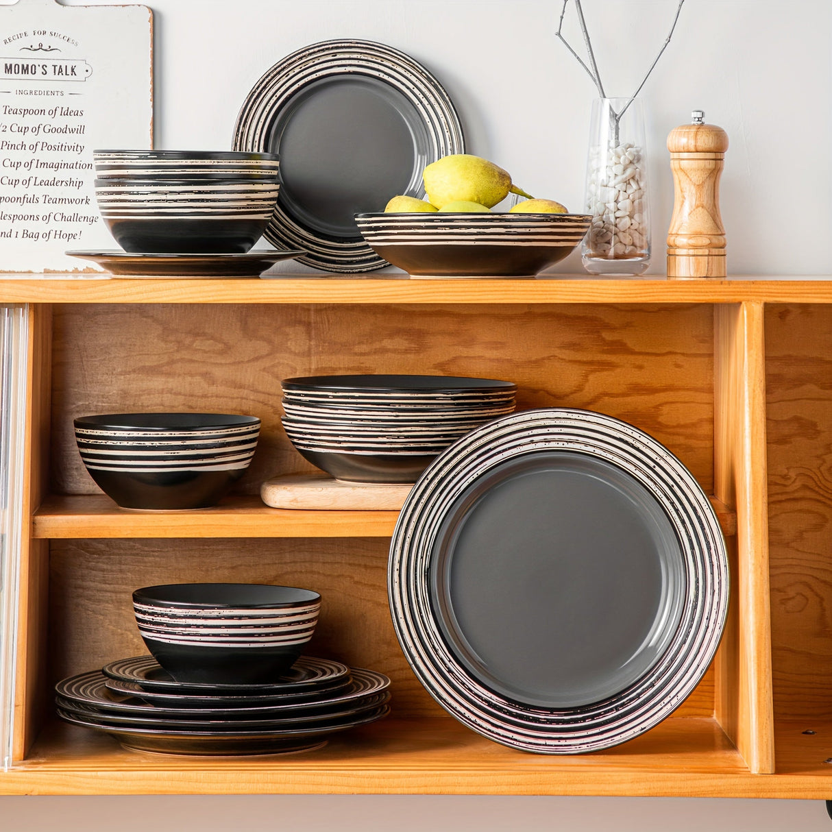 16-Piece Modern Grey Stoneware Dinnerware Set - Elegant Bark Glaze Julia M LifeStyles