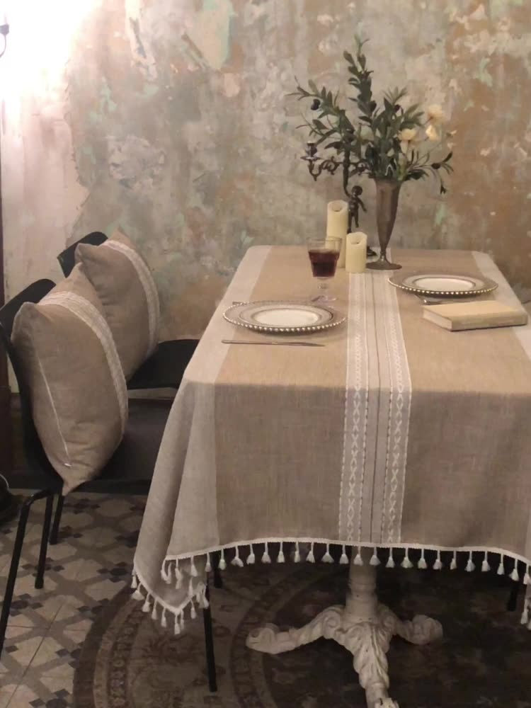 Nordic Christmas Table Cloth Hollow Tassel Table Cloth Solid Color Long Stripe Jacquard Table Cloth Tea Table Mat Cotton Linen Julia M Home & Kitchen
