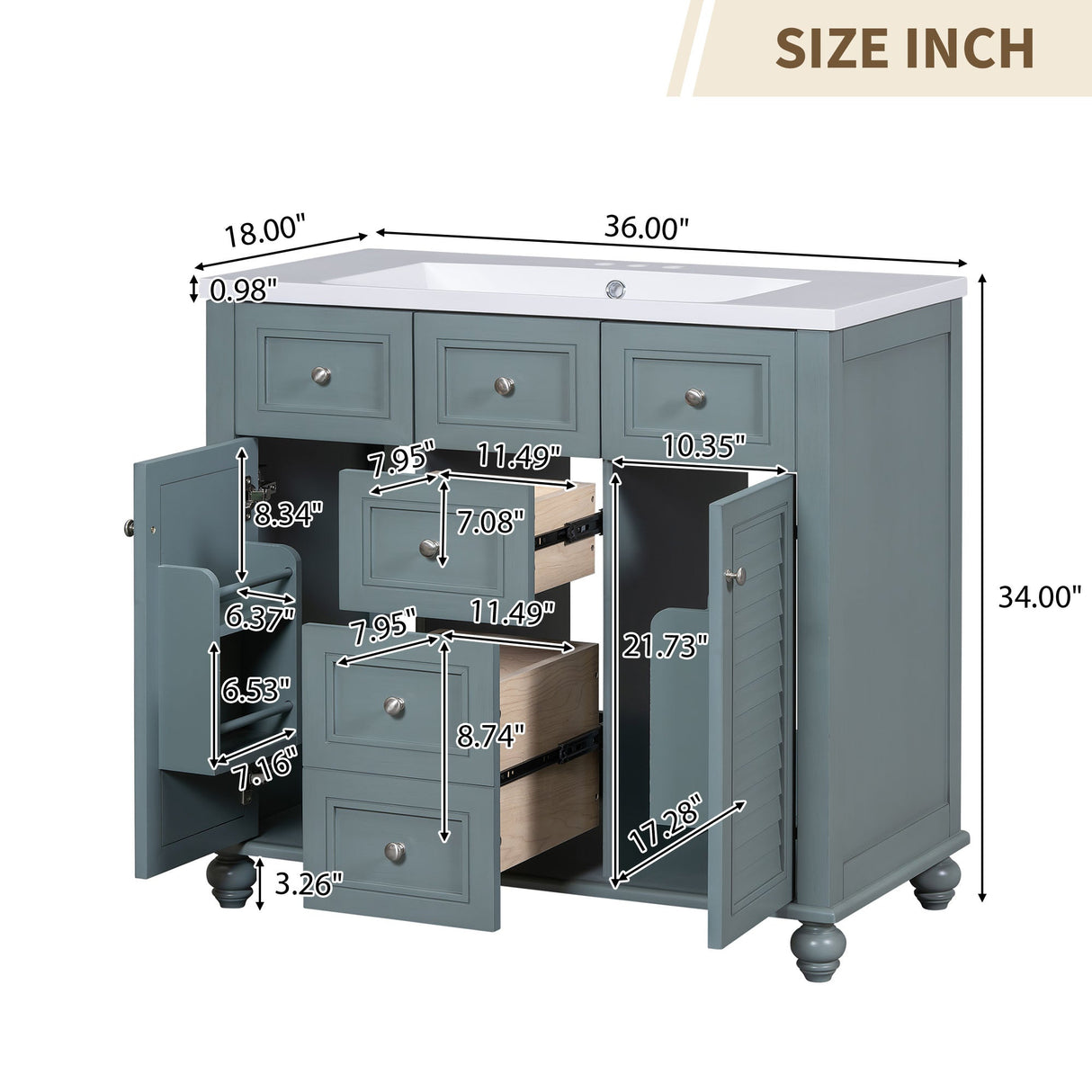 36 "bathroom makeup cabinet with resin sink combination and 2 drawers, with soft closing door, blue color eprolo