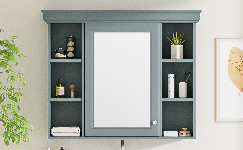 35 ''x 28' 'blue wall mounted bathroom storage cabinet with mirror door and medication cabinet with 6 open shelves Julia M Home & Kitchen