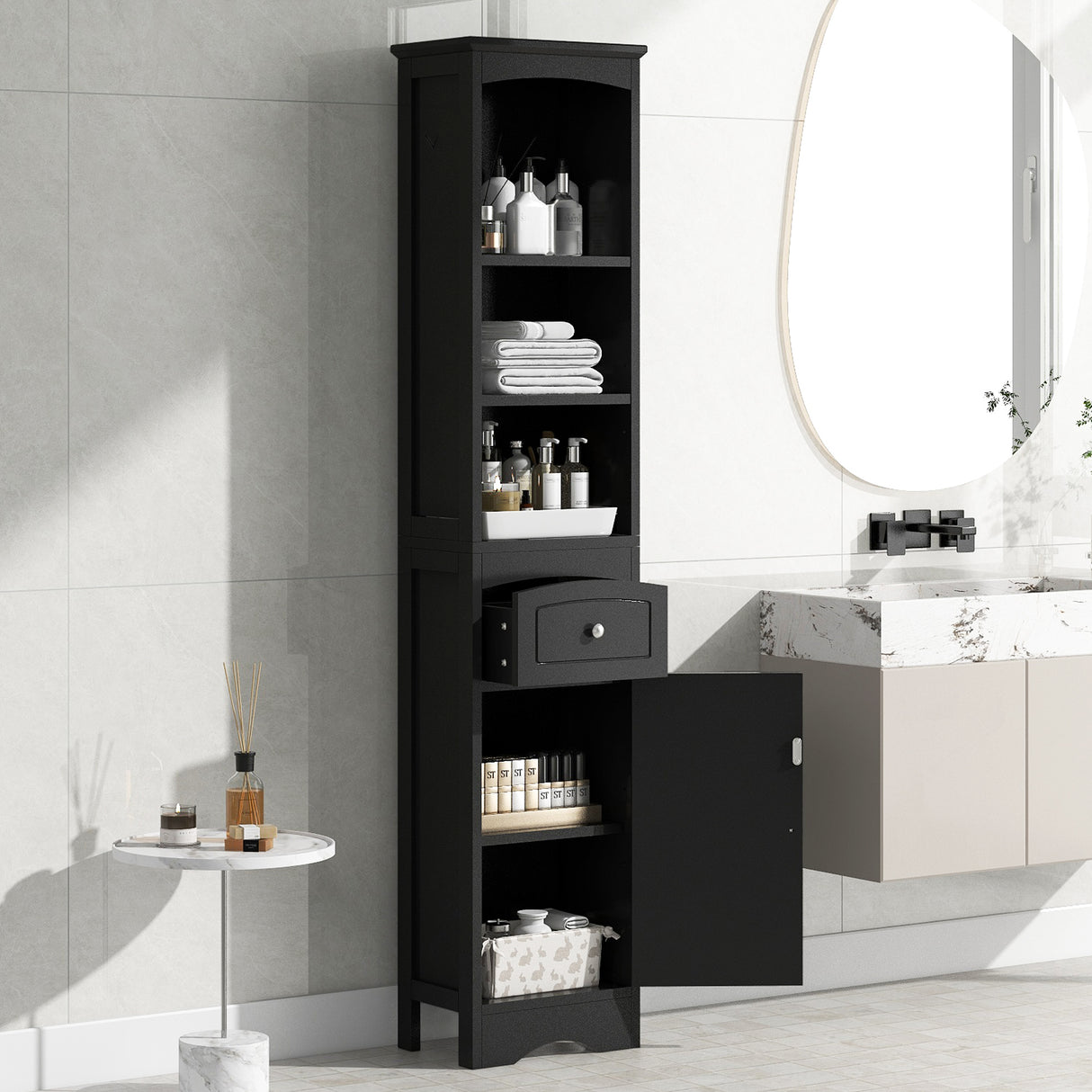 Tall Bathroom Cabinet, Freestanding Storage Cabinet with Drawer, MDF Board, Adjustable Shelf, Black - Julia M LifeStyles