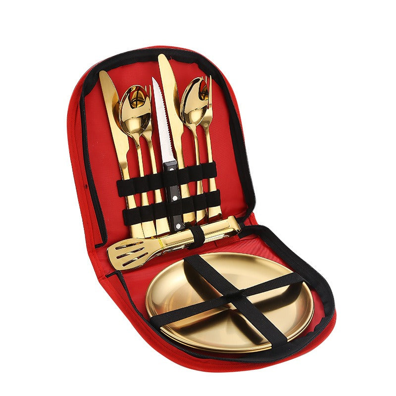 Stainless Steel Tableware Outdoor Camping Western Style Steak Knife Fork Spoon Dinner Plate Set Portable Cloth Bag Set Julia M Home & Kitchen