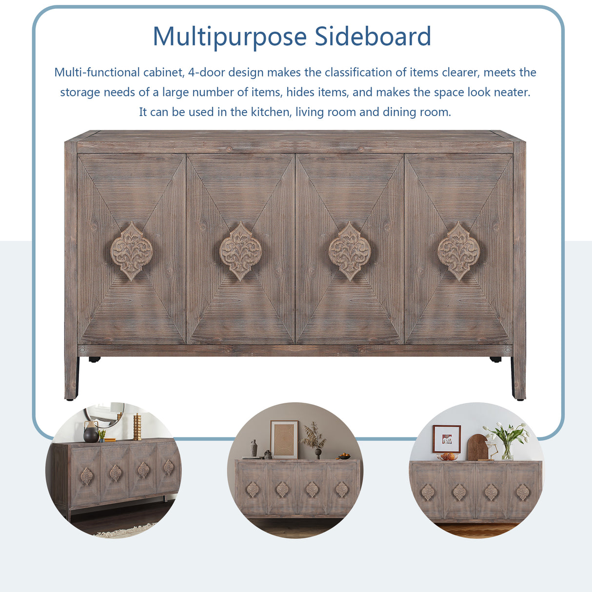 Carved Flower Door Handle, Antique Four Door Cabinet for Living Room Kitchen Hallway (Brown) - Julia M LifeStyles