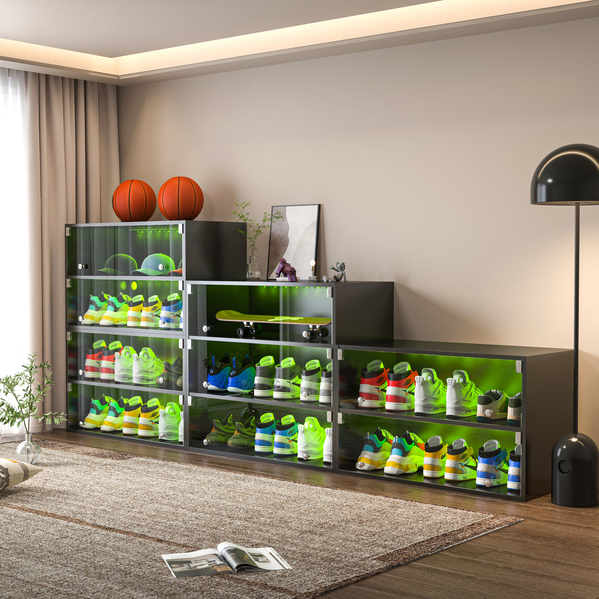 Black Glass Door Shoe Box Shoe Storage Cabinet For Sneakers With RGB Led Light - Julia M LifeStyles