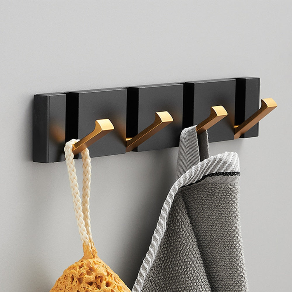 Folding Towel Hanger 2ways Installation Wall Hooks Coat Clothes Holder for Bathroom Kitchen Bedroom Hallway, Black Gold - Julia M LifeStyles