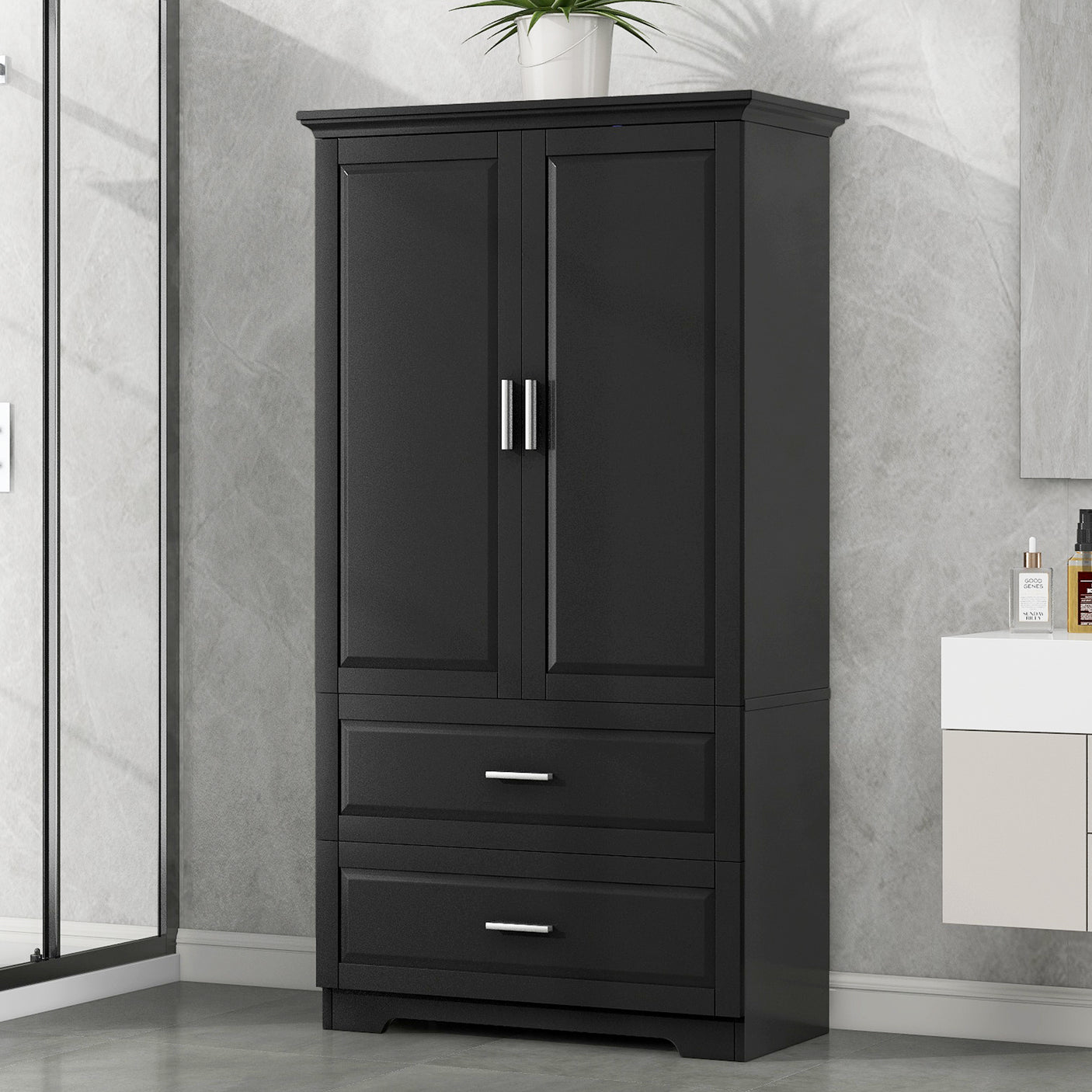 Tall Bathroom Storage Cabinet, Cabinet with Two Doors and Drawers, Adjustable Shelf, MDF Board, Black - Julia M LifeStyles