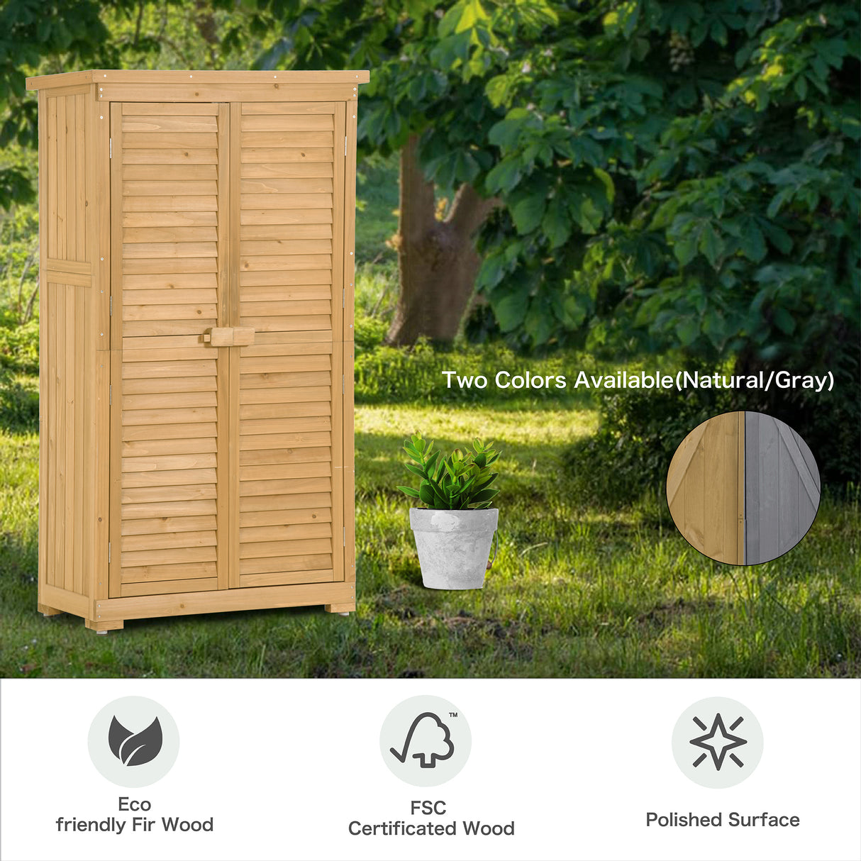 Wooden Garden Shed 3-tier Patio Storage Cabinet Outdoor Organizer Wooden Lockers with Wood (Natural Wood Color -Shutter Design) - Julia M LifeStyles