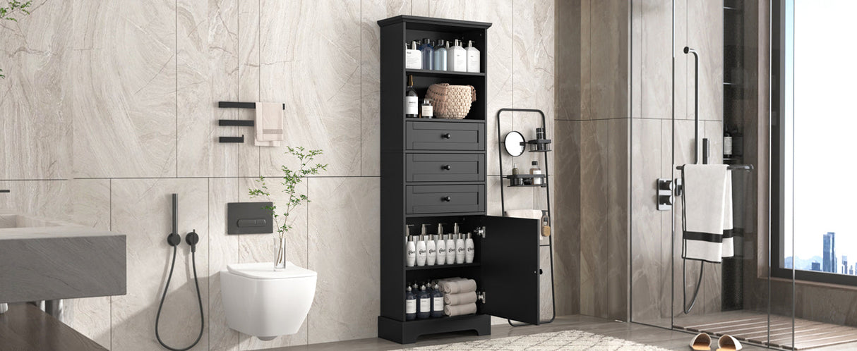Black high storage cabinet with 3 drawers and adjustable shelves, MDF board painted eprolo