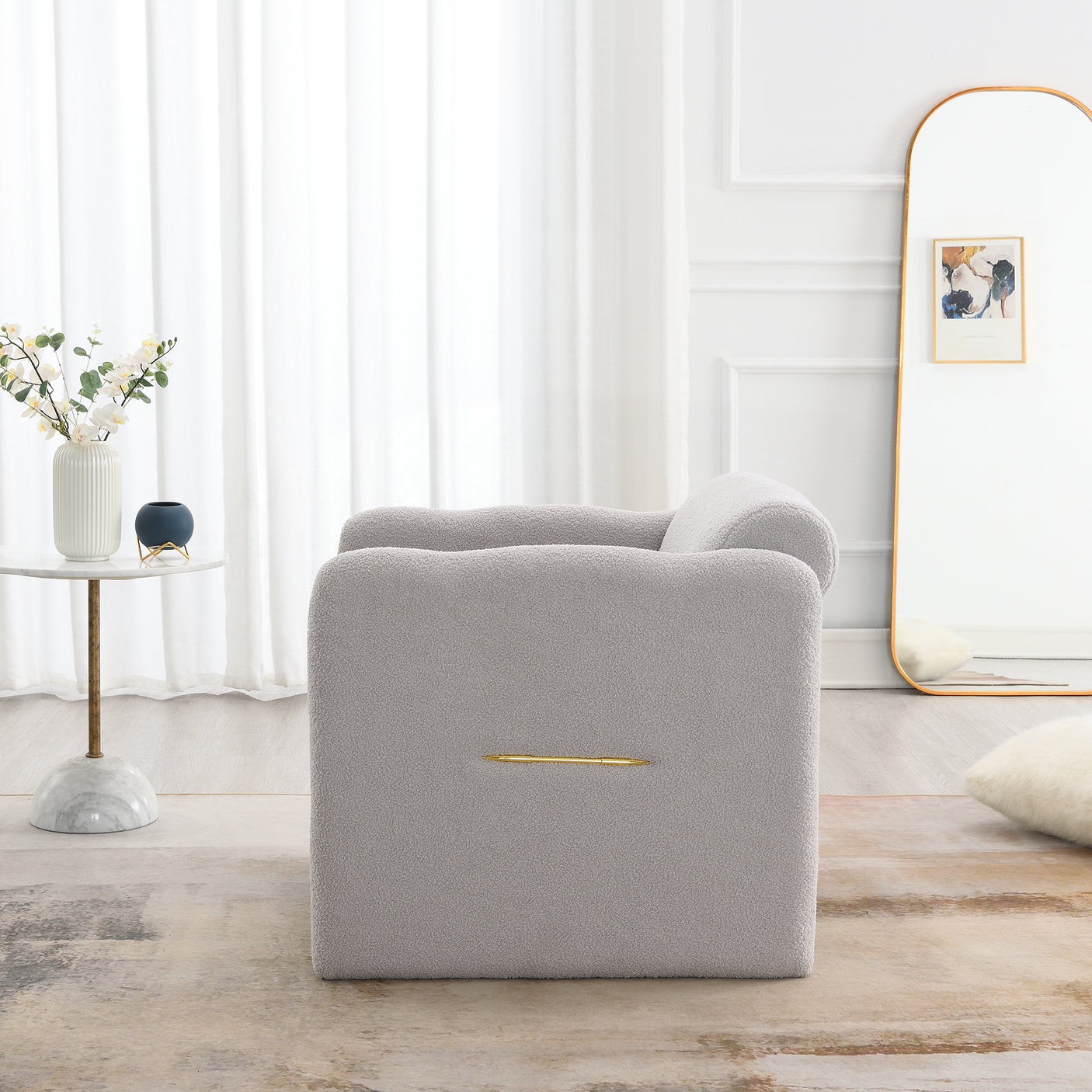 Armchair with wavy armrests, metal decorations on both sides of the armrests, made of Teddy cloth, light gray - Julia M LifeStyles