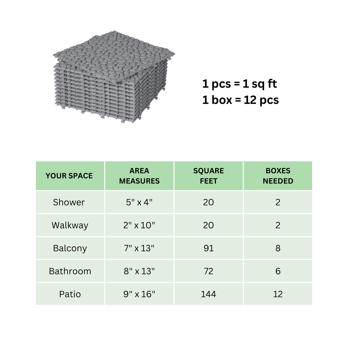 12 x 12 inch gray interlocking deck tiles, plastic waterproof pebble pattern, pack of 12 pieces - Julia M LifeStyles