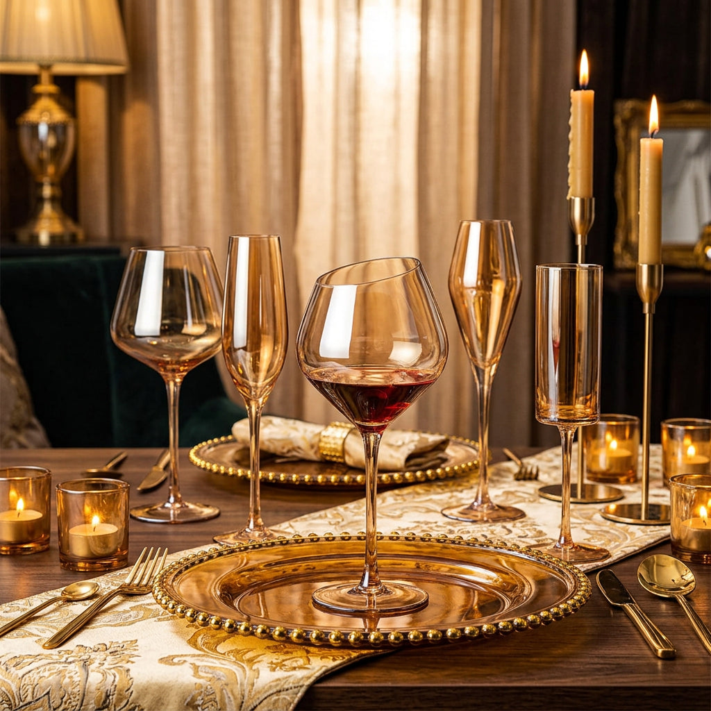 A set of elegant smoked amber glass tableware, including a wide wine glass, a champagne flute, a tumbler, and a small candle, arranged on a light gray tabletop with a gold spoon and decorative plates in the background.