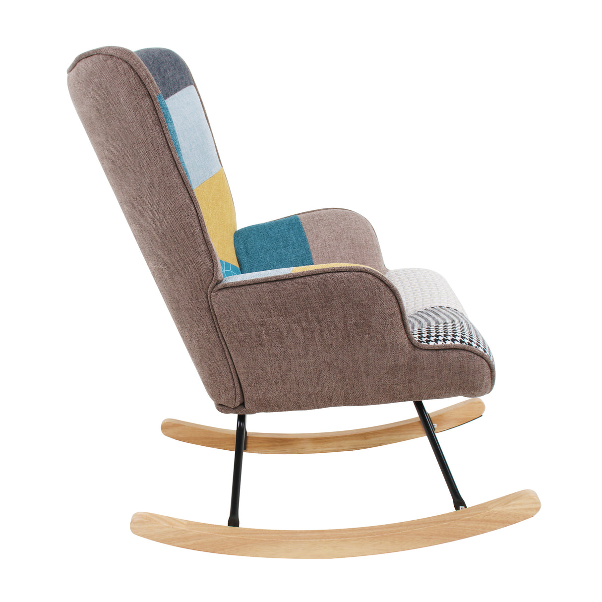 Rocking Chair with ottoman, Mid Century Fabric Rocker Chair with Wood Legs and Patchwork Linen for Livingroom Bedroom - Julia M LifeStyles