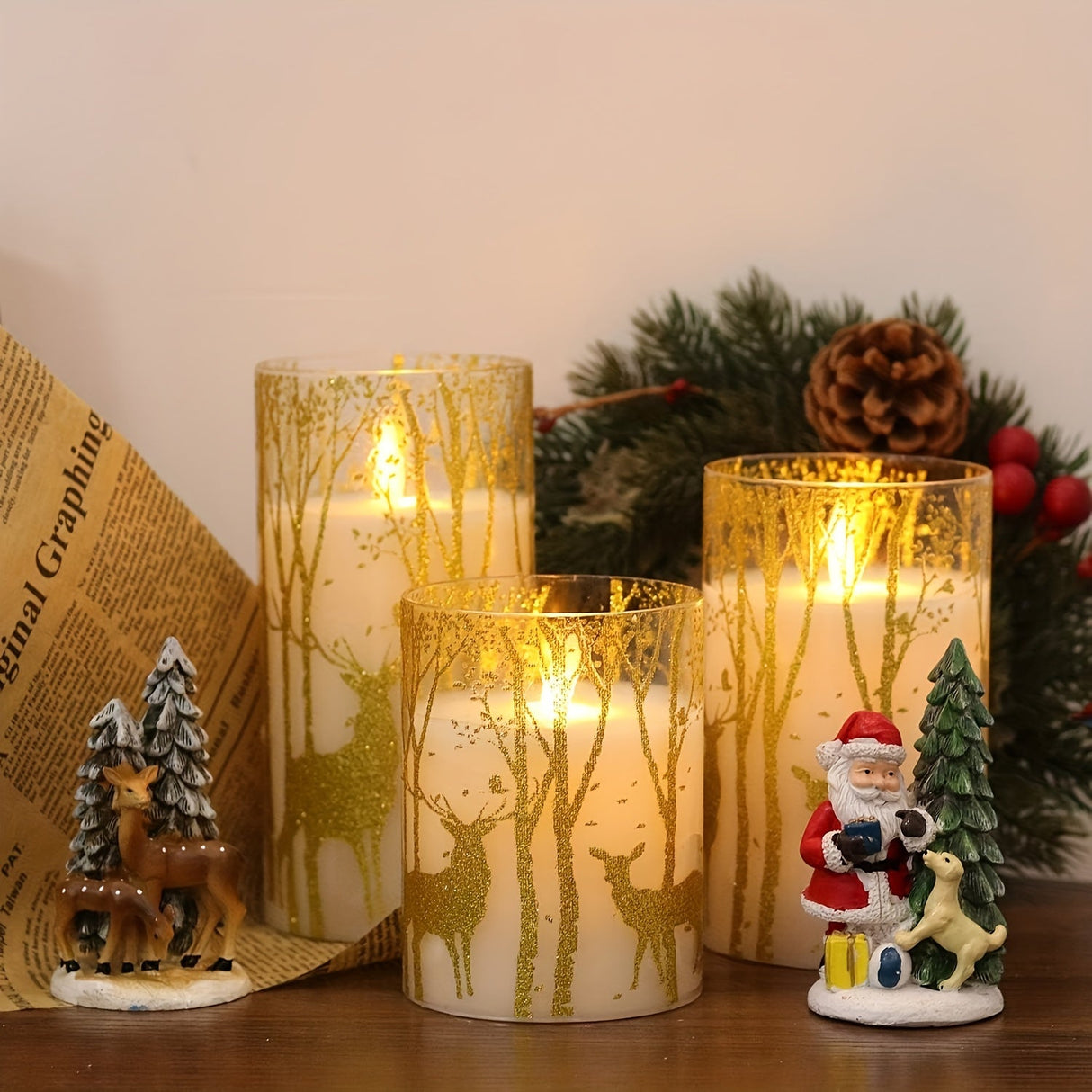 3pcs Real Wax Pillar Candles With Deer Decoration And A Remote Control Timer, Powered By Batteries, With LED Flickering Lights, For Holiday Decoration, Valentine's Day, Confession, Proposal Gift, Parties, Outdoor Camping, Chr Julia M LifeStyles