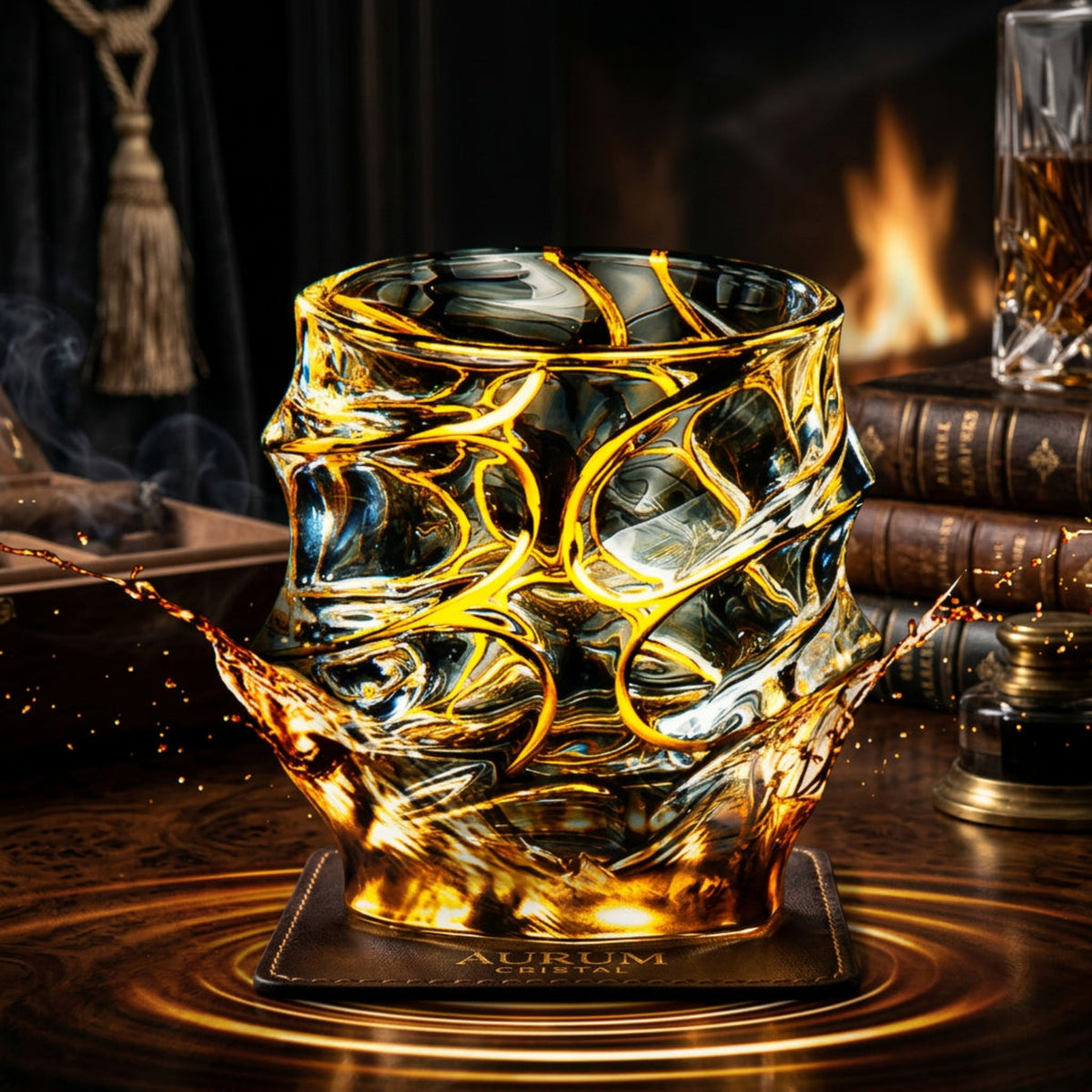 A sculptural, twisted clear glass tumbler with swirling golden liquid inside, surrounded by dramatic splashes and glowing rings on a dark background.