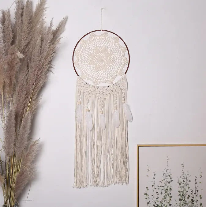 Nordic Creative Hook Flower Dream Catching Net Feather Wind Chime Pendant Home Decor Entrance Decoration Wedding Background eprolo