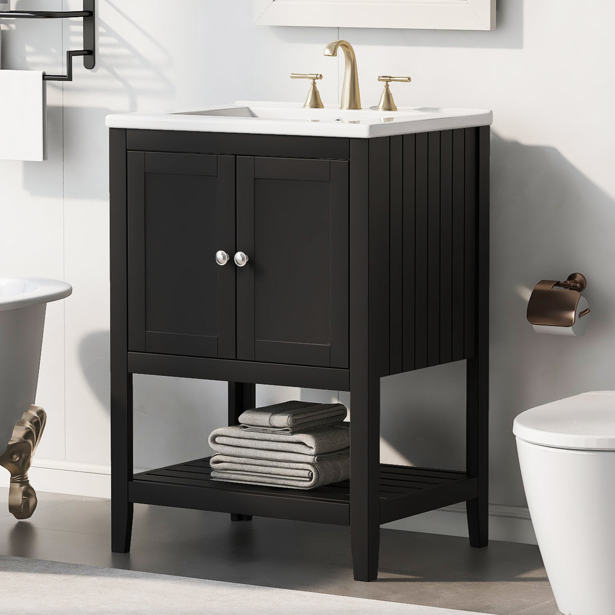 24" Black Modern Sleek Bathroom Vanity Elegant Ceramic Sink with Solid Wood Frame Open Style Shelf - Julia M LifeStyles
