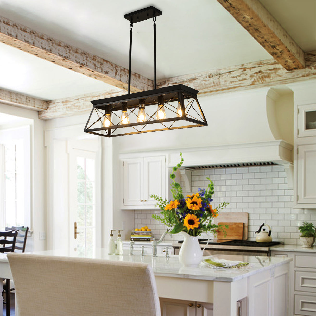 5-light farmhouse pendant light, metal pendant light island fixture, modern rectangular island light, pure black (no bulb) - Julia M LifeStyles