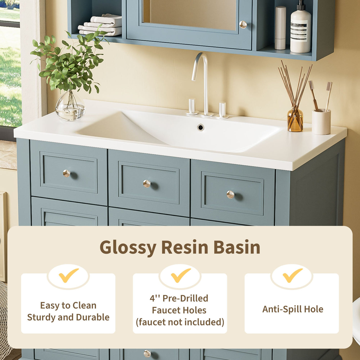 36 "bathroom makeup cabinet with resin sink combination and 2 drawers, with soft closing door, blue color eprolo