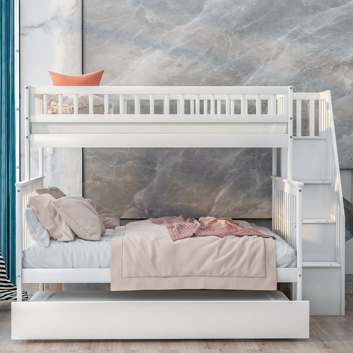 Twin over Full Bunk Bed with Trundle and Staircase White - Julia M LifeStyles