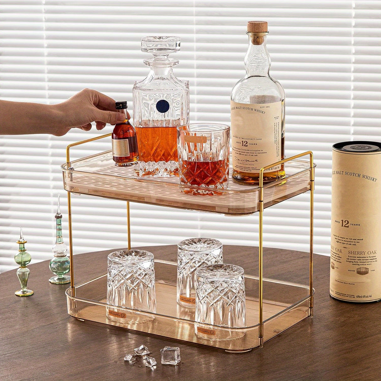 Versatile Whiskey & Glassware Organizer Tray - Perfect for Kitchen, Bathroom Countertops | Includes Drain Board & Spice Rack - Julia M LifeStyles