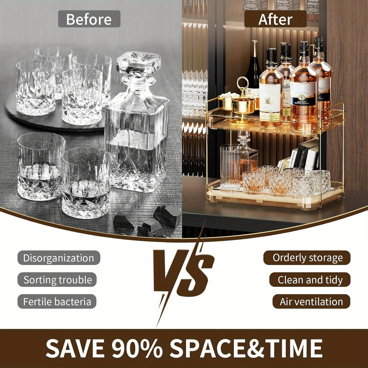 Versatile Whiskey & Glassware Organizer Tray - Perfect for Kitchen, Bathroom Countertops | Includes Drain Board & Spice Rack - Julia M LifeStyles