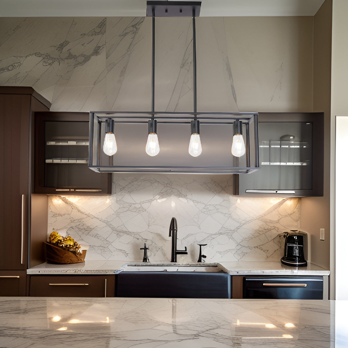 Pendant Lighting 4 Light Industrial Vintage Open Frame Rectangle Chandeliers Modern Black Linear Cage Ceiling Light Fixture - Julia M LifeStyles