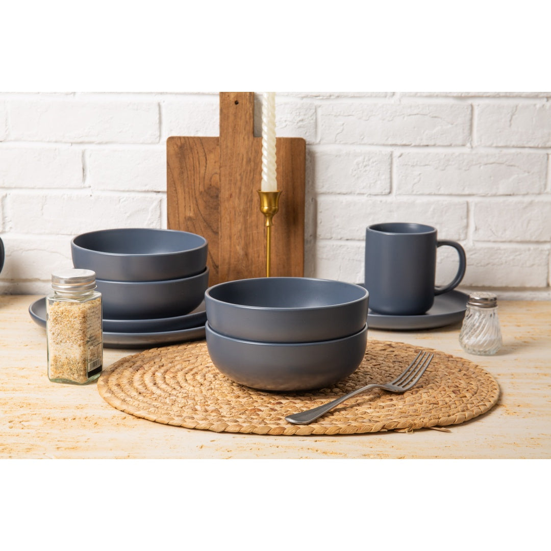 Premium 12-Piece Blue Stoneware Dinnerware Set with Mugs – Elegant Matte Glaze, Microwave & Dishwasher Safe