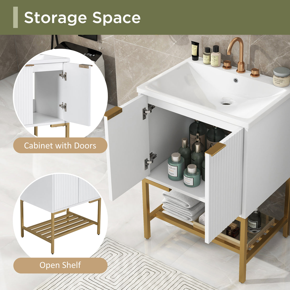 24" Bathroom Vanity with Sink, Bathroom Vanity Cabinet with Two Doors and Gold Metal Frame, Open Storage Shelf, White - Julia M LifeStyles
