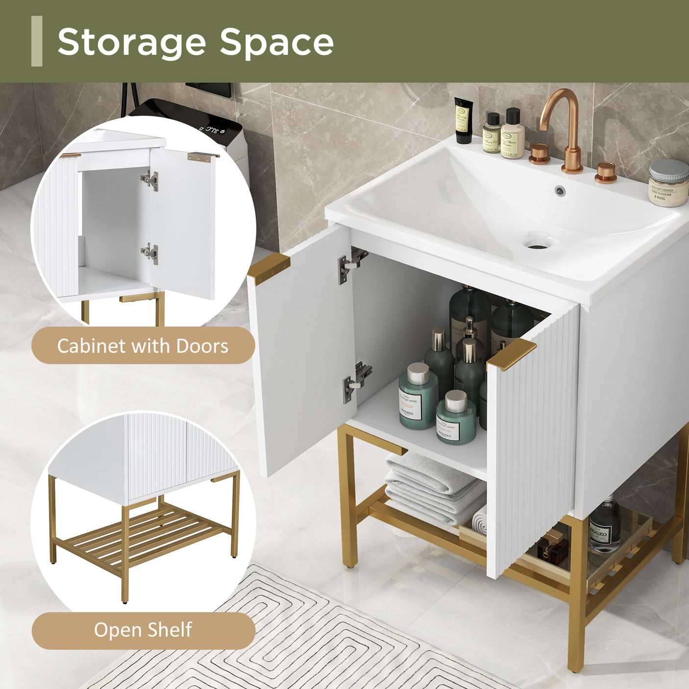 24" Bathroom Vanity with Sink, Bathroom Vanity Cabinet with Two Doors and Gold Metal Frame, Open Storage Shelf, White - Julia M LifeStyles