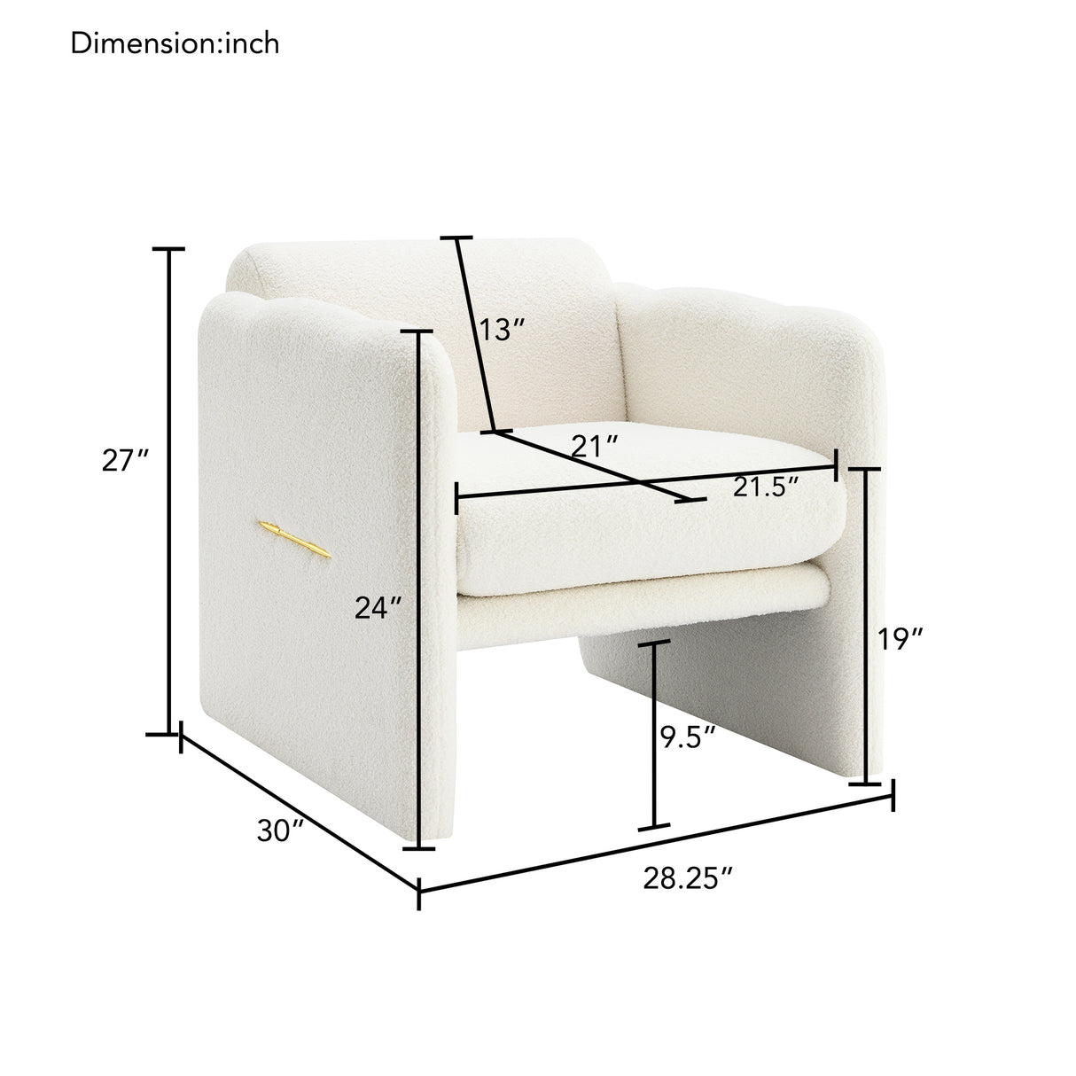 Armchair with wavy armrests, metal decorations on both sides of the armrests, made of Teddy cloth, white - Julia M LifeStyles