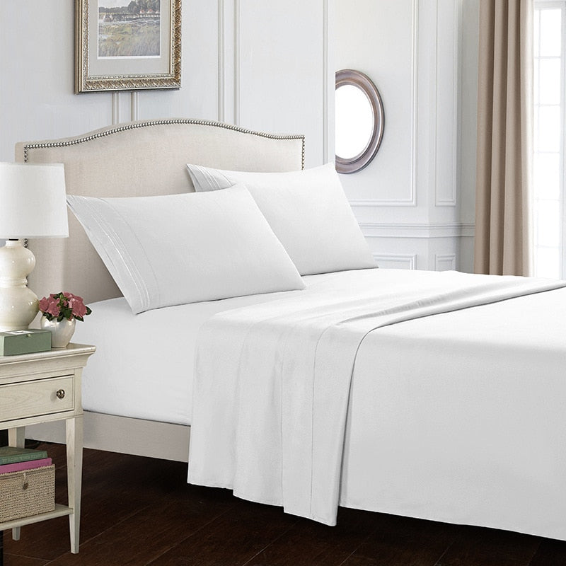 White Bedding Set Queen size Bed sheets Solid color Flat Sheet+Fitted Sheet+Pillowcase Bed Linens - Julia M LifeStyles